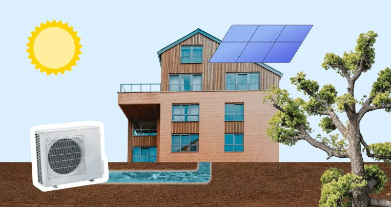 A single building with an air-source outdoor unit beside it and a ground loop running beneath it A single building with an air-source outdoor unit beside it and a ground loop running beneath it