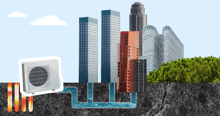 Several buildings connected to one shared low-temperature ground loop with a common borehole field Several buildings connected to one shared low-temperature ground loop with a common borehole field