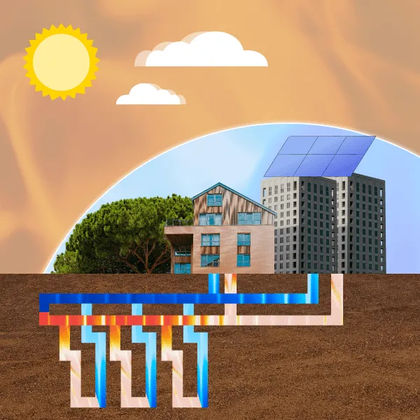 Shallow geothermal boreholes under a building, paired with rooftop PV Shallow geothermal boreholes under a building, paired with rooftop PV